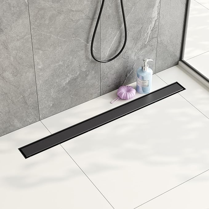Neodrain 32-Inch Linear Shower Drain,with 2-in-1 Flat & Tile Insert Shiny Black Cover, Rectangle Shower Floor Drain, Floor Shower Drain with Adjustable Leveling Feet, Hair Strainer