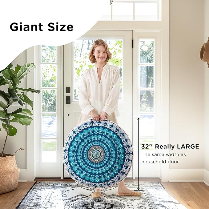 Codi Meditation Floor Pillow, Round Large Pillows Seating for Adults, Bohemian Mandala Circle Cushion for Outdoor Fireplace Yoga Living Room, 32 Inch, Memory Foam Added, Navy