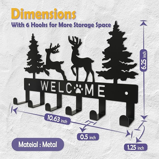 Key Holder for Wall, Black Metal Deer Tree Style Decoration Key Hook Wall Mount Key Rack Hanger Storage Organizer with 6 Hooks for Home Doors Entryway Kitchen Garage Decor