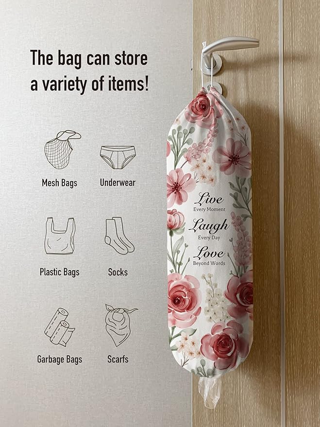 Hglian Plastic Bag Holder, Inspirational Farmhouse Grocery Bag Organizer Storage Dispenser Container for Shopping Trash Bags, Cute Flowers Kitchen Décor Gifts for Women Mom Friend Grandma Pink