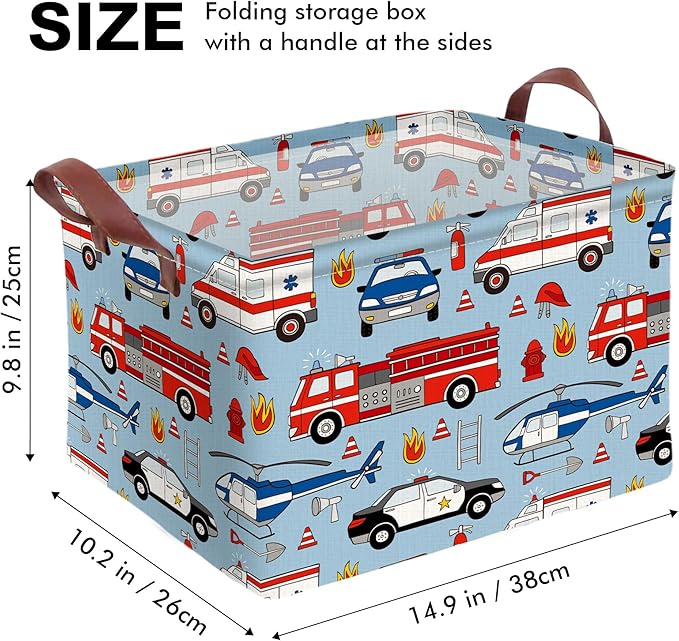 Police Car Storage Basket Waterproof Canvas Toy Storage Bin Fire Truck Car Room Decor Collapsible Outdoor Basket with Leather Handles Funny Decor Blanket Baskets For Closets,Bedrooms,Gifts Baskets