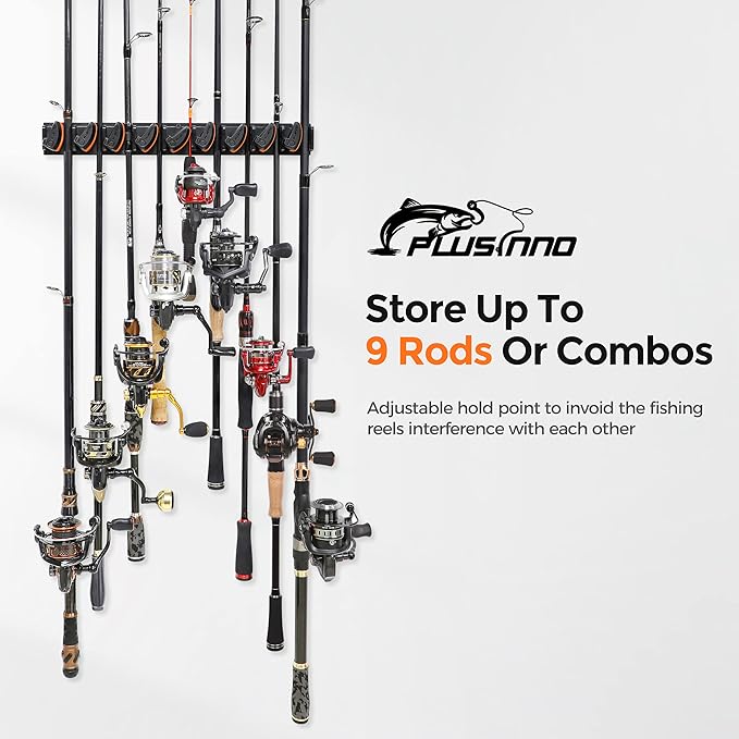 PLUSINNO V9 Vertical Fishing Rod Holders, Wall Mounted Fishing Pole Holders, Fishing Rod Rack Holds Up to 9 Rods or Combos, Fishing Rod Holders for Garage,Fishing Gear and fishing Gifts for Men