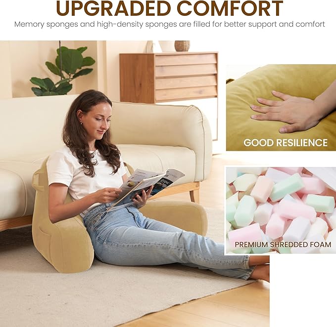 Portable Comfy Reading Pillows for Bed Sitting Up(Camel Oeko-Tex), Velvet Back Pillow with Arms & Pockets for Adults, Support Memory Foam Bed Pillow for Dorm/Reading/Watching/Gaming