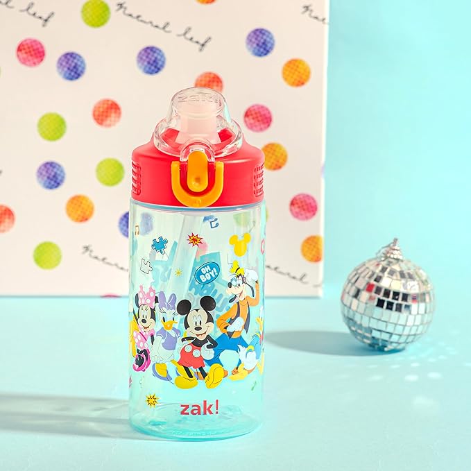 Zak Designs Disney Mickey Mouse Sage Kids Water Bottle For School or Travel, 16oz Durable Plastic Water Bottle With Straw, Handle, and Leak-Proof, Pop-Up Spout Cover (Clubhouse Crew)