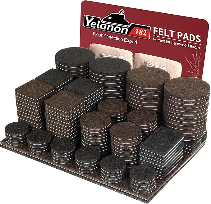 Yelanon Felt Furniture Pads - 182 Pcs Premium Felt Pads for Chair Legs, Furniture, Floor Protectors for Hardwood Floors, Black & Brown