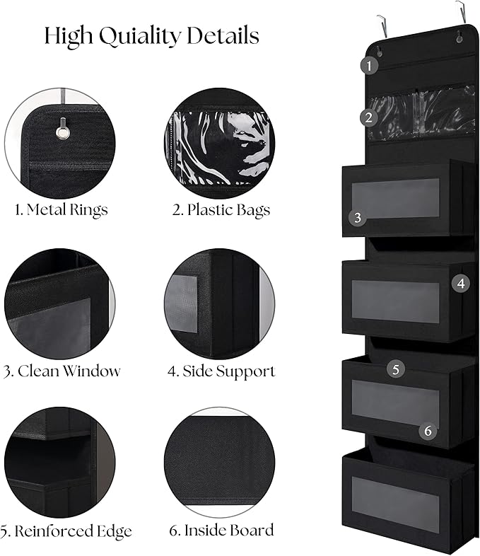 Over Door Organizer with 4 Large Capacity Pockets, Hanging Organizer Storage for Closet Bathroom Nursery Bedroom Dorm, Toys Cosmetics Sundries and Baby Essentials, Black