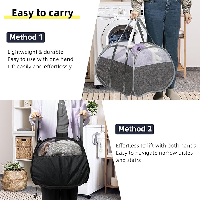 Collapsible Laundry Basket, 90L Foldable Pop-up Laundry Hamper with Reinforced Handles, Tear Proof Mesh Dirty Clothes Hamper for Laundry (Black, 2PCS)