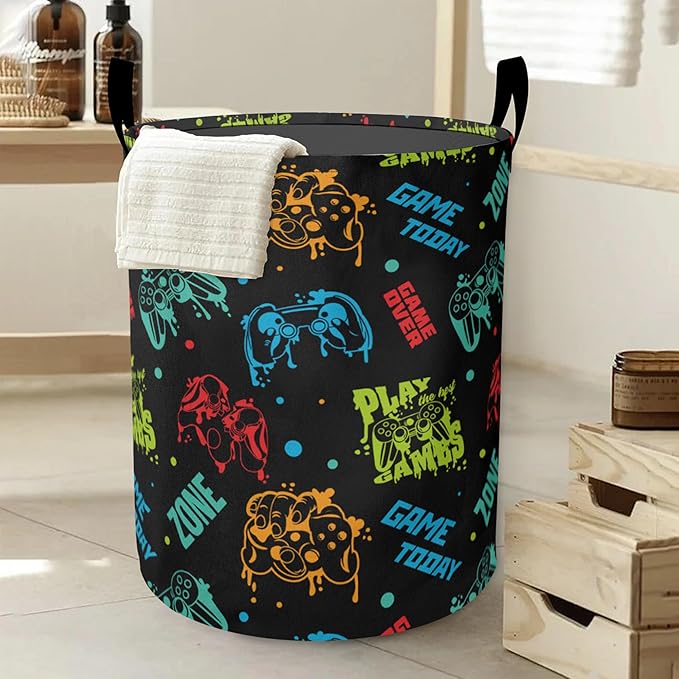 Laundry Basket, Color Game Console Large Canvas Fabric Lightweight Storage Hamper Organizer Dirty Clothes Collapsible Waterproof for College Dorms, Bathroom