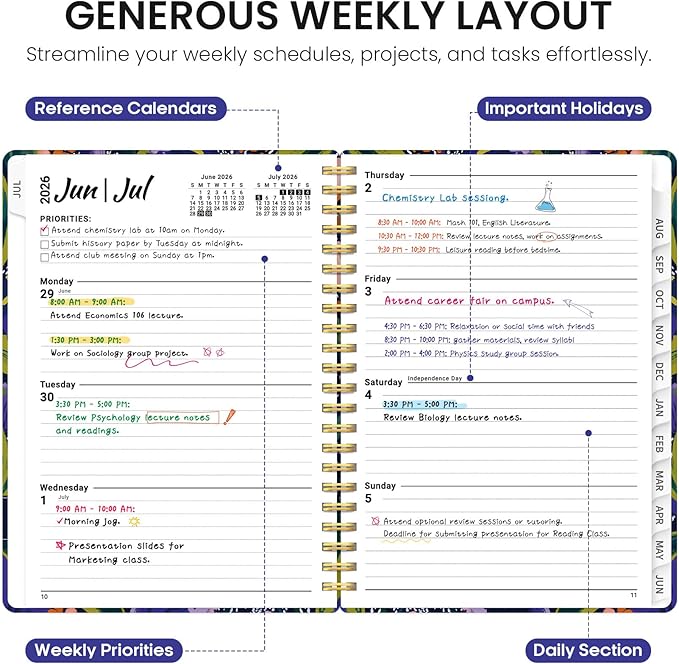 Planner 2026-2027, Academic Year Monthly and Weekly Calendar Planner, Jul 2026 - Jun 2027, Hardcover Teacher Student Planning Agenda book with Tabs, Perfect for School Office Supplies, 6.3" x 8.5" - Petal Rhythm
