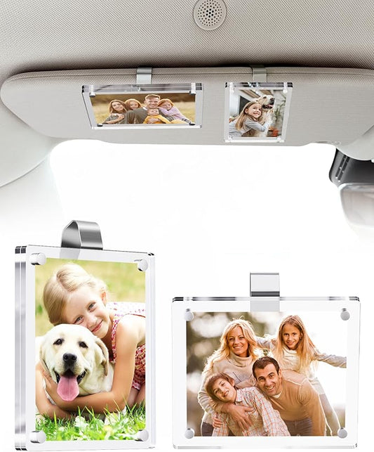 2Pcs Large Magnetic Car Visor Photo Holder - Strong Clip-On Frames for 3.5"x4.4" Photos - Durable Acrylic Visor Clip Photo Frame for Family & Pets - Secure Photo Car Visor Clip Accessories, Gift For Valentine‘s Day