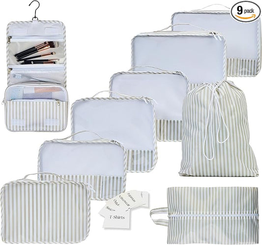 Foxy Traveler 9 Set Packing Cubes - Suitcase Organizer, Cute Packing Cubes, Travel Bags Organizer for Luggage with Hanging Toiletry and Shoe Bag, Travel Essentials for Women, Men and Kids -Stripe