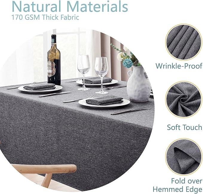 Rectangle Tablecloth Linen Textured Waterproof & Stain Resistant Table Cloth Wrinkle Free Decorative Fabric Farmhouse Table Cover for Dining/Party/Buffet/Wedding, 60 x 84 Inch, Dark Grey