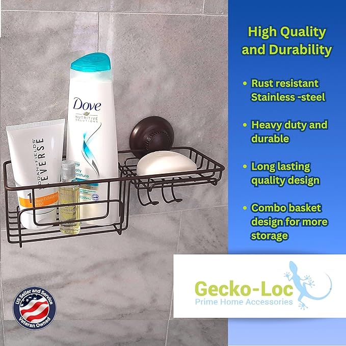 Gecko-Loc Large Combo suction cup wall mount bathroom shower caddy - shampoo storage basket shelf organizer caddie bath shelves - Bronze
