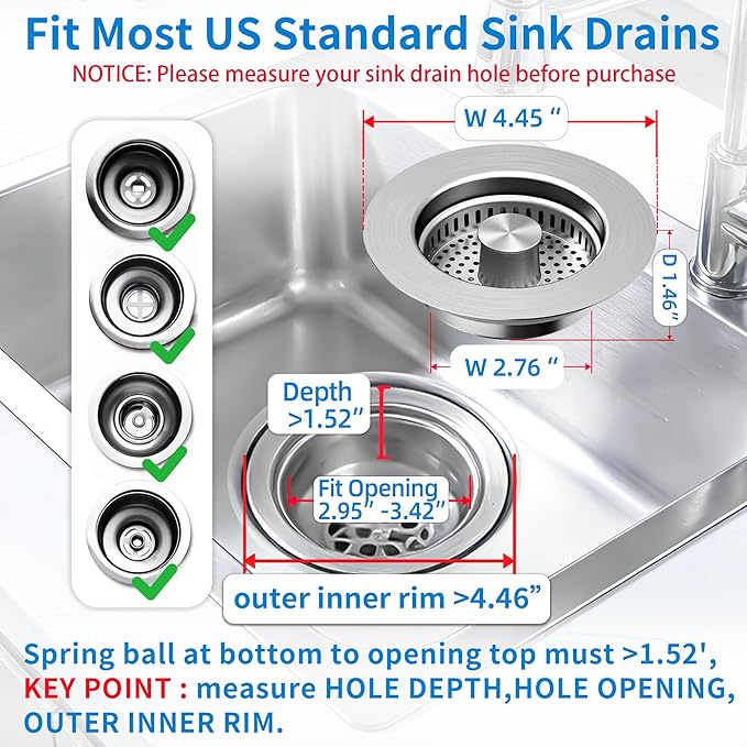 3 in 1 Kitchen Sink Drain Strainer,Pop up Sink Stopper Kitchen Drain, Anti-Clogging Strainer Basket Odor Prevention Plug Stopper for US Standard 3-1/2” Drain (Silver-2pcs)