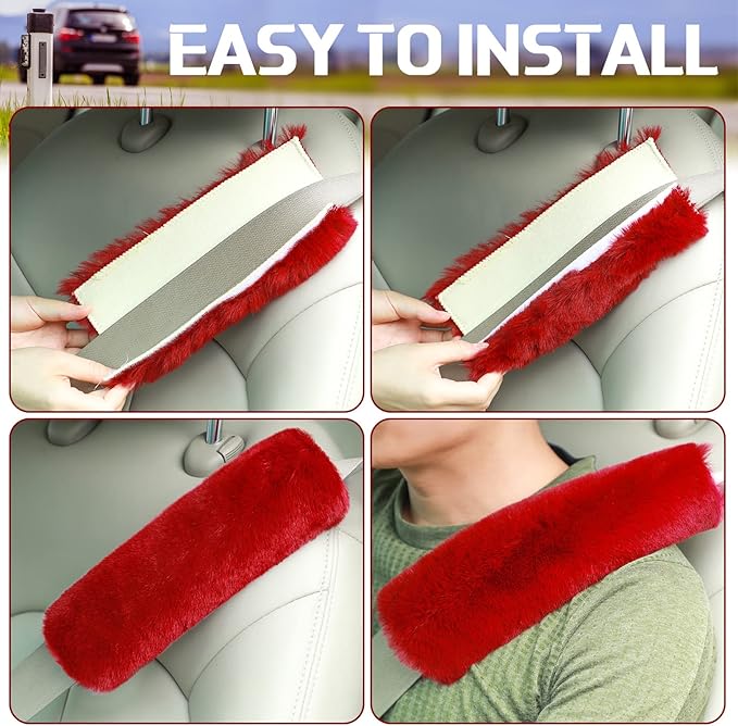 Boao 4 Pack Faux Sheepskin Car Seat Belt Pads Seatbelt Protector Soft Seat Belt Shoulder Strap Cover Comfort Harness Pad(Wine Red, 9.9 Inch)