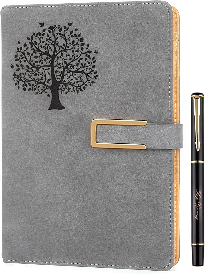 Tree of Life Refillable Writing Journal For Women & Men Faux Leather Hardcover Notebook A5 College Ruled 200 Lined Pages Lay-Flat Personal Diary With Pen & Magnetic Buckle (Tree of Life - Grey)
