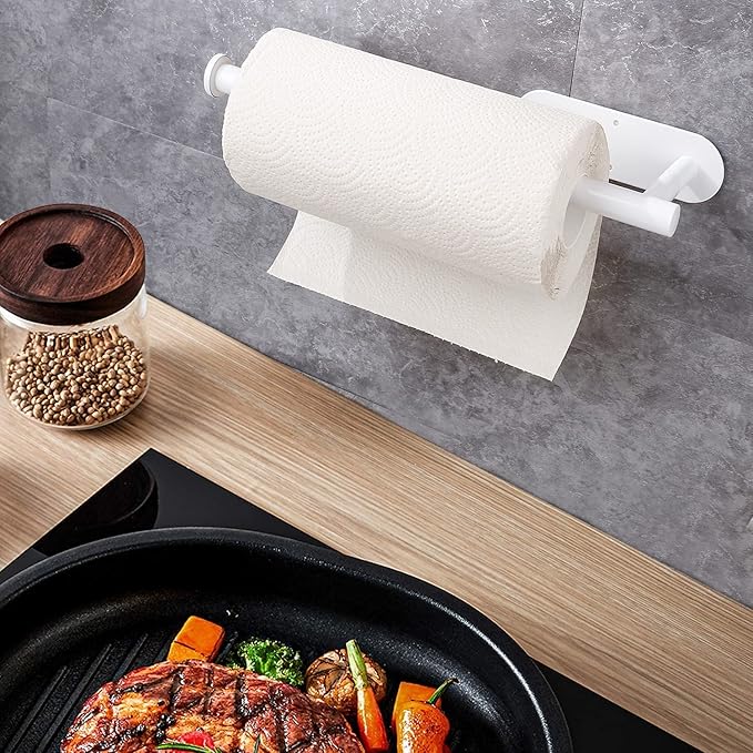 Paper Towel Holders, Paper Towel Rolls - for Kitchen, Paper Towels Bulk - Self-Adhesive Under Cabinet, Both Available in Adhesive and Screws, Stainless Steel Paper Towel Holder (White)