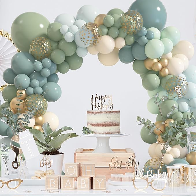 Amandir 173Pcs Dusty Blue Green Balloon Garland Arch Kit, Haze Fog Blue Ash Mist Sage Green Sand White Gold Confetti Balloons for Wedding Bridal Boho Birthday Party Backdrop Decorations