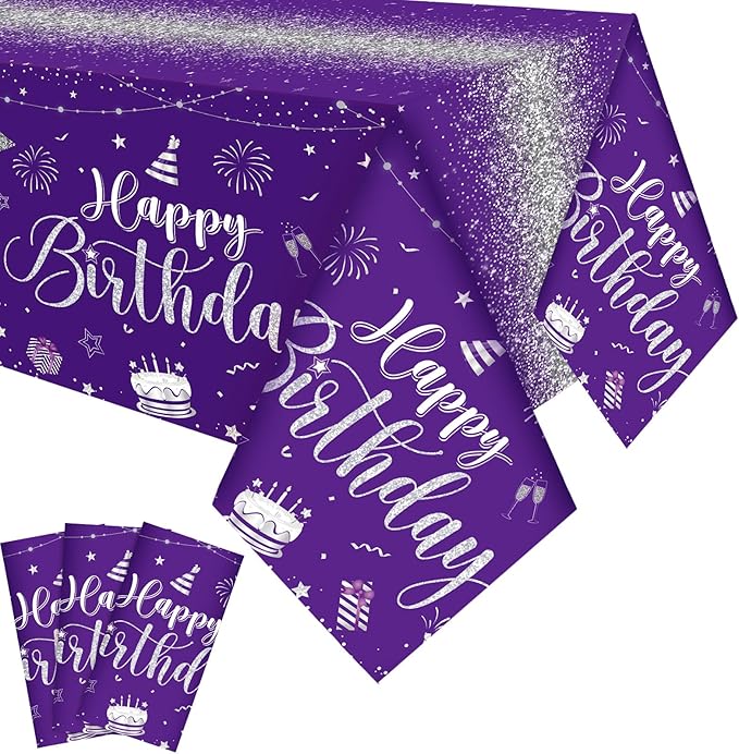 Tudomro 3 Pcs Happy Birthday Tablecloths Happy Birthday Party Decorations Plastic Table Cover Rectangular Cloths for Women Men Baby Shower Party Supplies, 108 x 54 Inch (Purple Silver)