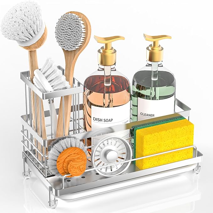 Cisily Stainless Steel Kitchen Sink Caddy Organizer, Sponge Holder for Sink Rustproof, Non-Slip Soap Dish Dispenser Brush Holder Storage, Home & Kitchen Essentials Accessories (Stainless Steel)