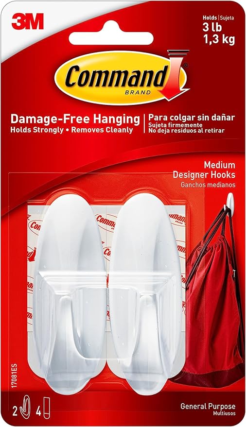 Command Medium Designer Hooks, 2 Hooks and 4 Command Strips, Damage-Free Hanging Wall Hook with Adhesive Strips, No Tools Great for Hanging, Organization and Storage, Holds up to 3 lb