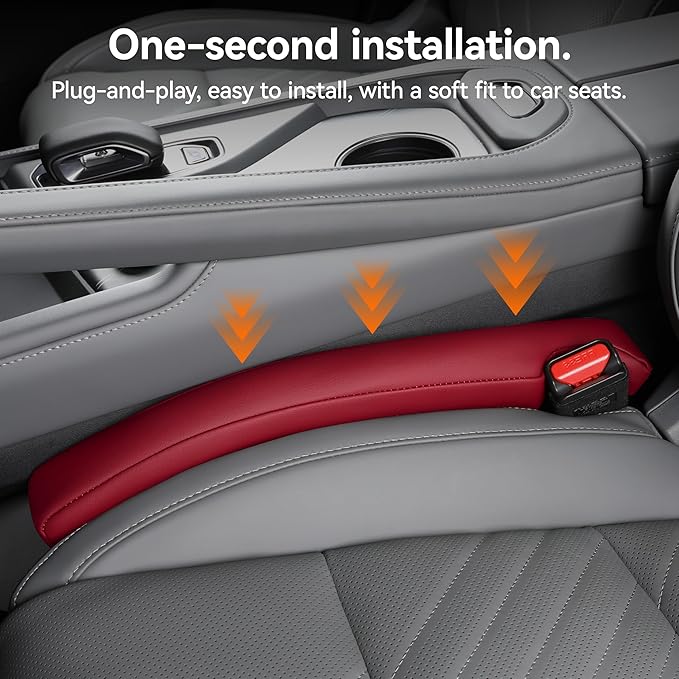POKSRI Car Seat Gap Filler, 2 Pack Leather Gap Organizers Stop Things from Dropping into The Gap Between Seat and Console, Adjustable Width 1.4-2.4 Inches Fits Most Car/Truck/SUV, Accessories (Wine)