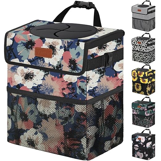 Vankor Car Trash Can for Car Cute, Trash Bag Bin Hanging Waterproof Automotive Garbage Cans Leak Proof Vehicle Trash Can Painting Floral