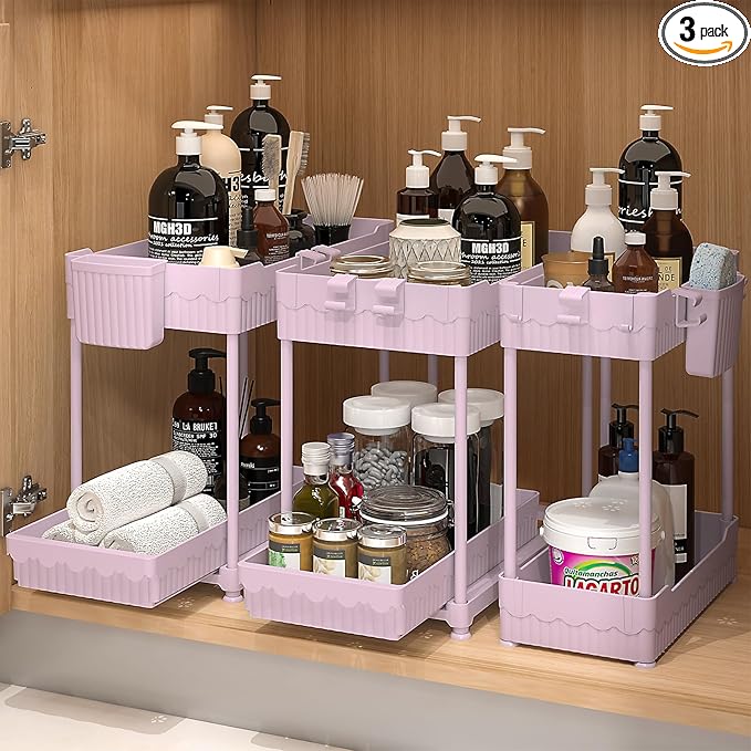 3 Pack Under Sink Organizers, 2-Tier Multi-Use Kitchen and Bathroom Organizers and Storage with Sliding Drawers, Bathroom Cabinet Organizer (Pink, 14.8 Inch)