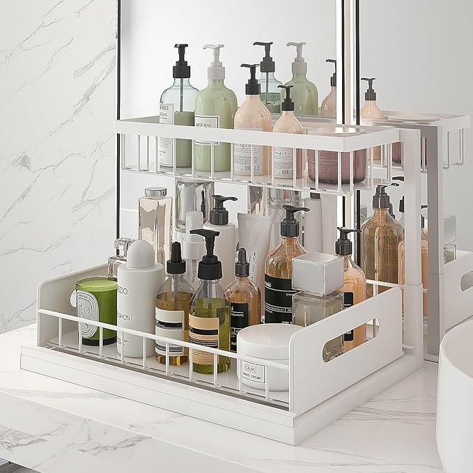 bukfen Under Sink Organizer, Pull Out Home Organizers 2-Tier Slide Out Sliding Shelf Under Cabinet Storage Multi-Use for Under Kitchen Bathroom Sink Organizers and Storage,White,2 Pack