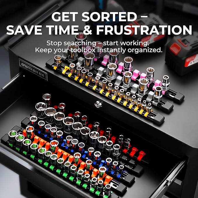 3-Piece Socket Organizer - 1/4-Inch x 16 Clips, 3/8-Inch x 15 Clips, 1/2-Inch x 12 Clips, Heavy Duty ABS Socket Holder, Premium Quality Socket Clip Rail Holder for Tool Box Drawer