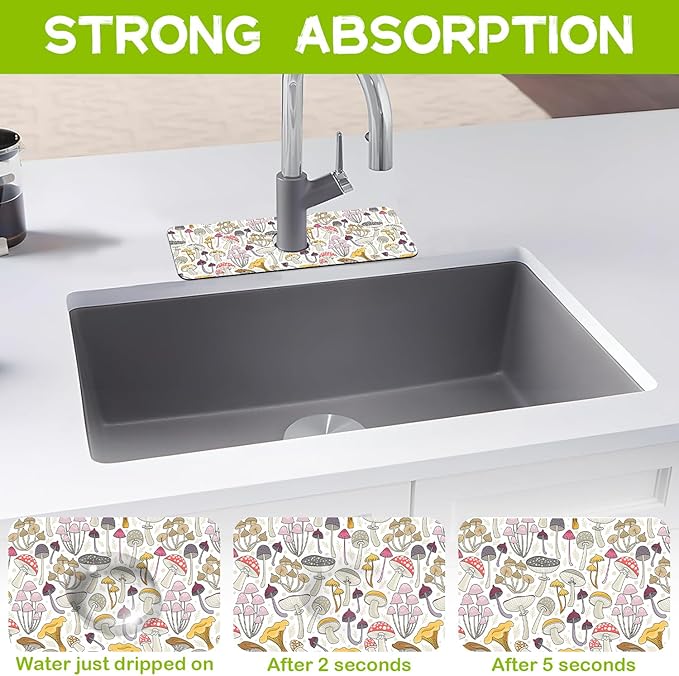 Colorful Mushrooms Kitchen Sink Splash Guard Faucet Mat, Super Absorbent Fast Drying Mat Guard Behind Faucet Drip Catcher for Kitchen Bathroom, 15.5"x5.5"