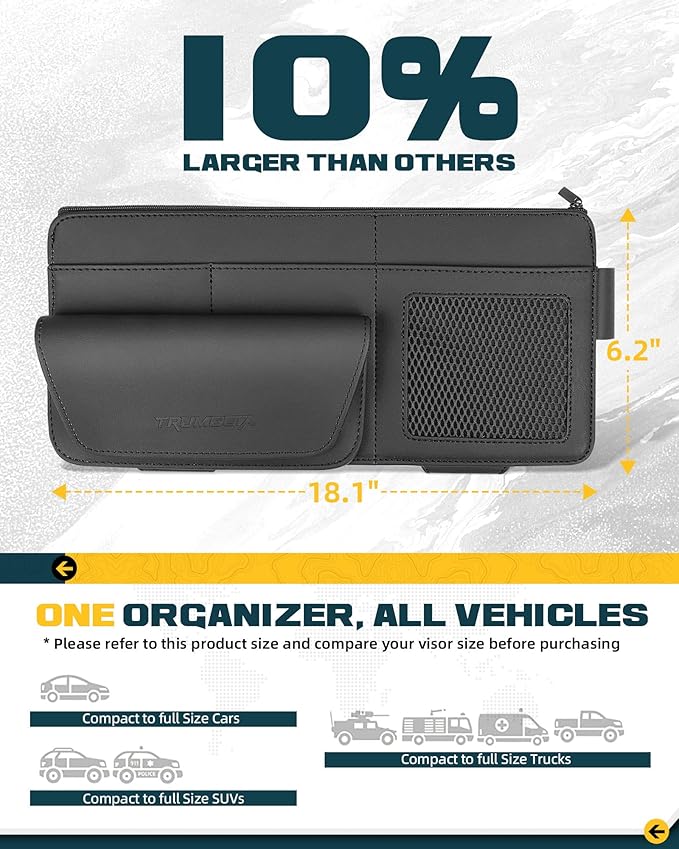 Car Sun Visor Organizer Premium Leather Storage Bag with Magnetic Sunglass Pocket, Extra-Large Zippered Compartment & Anti-Slip Mesh Pocket Sun Visor Organizer for Trucks, SUVs & Cars