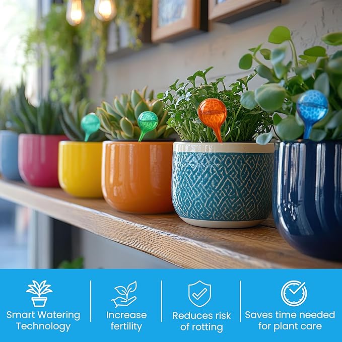 Little Green Leaf Automatic Plant Watering Globes Self Watering Planter Inserts (Set of 6) | Hands-Free Multicolor Glass Bulbs | Planter Spikes to Support Indoor & Outdoor Plant Health (350ml)