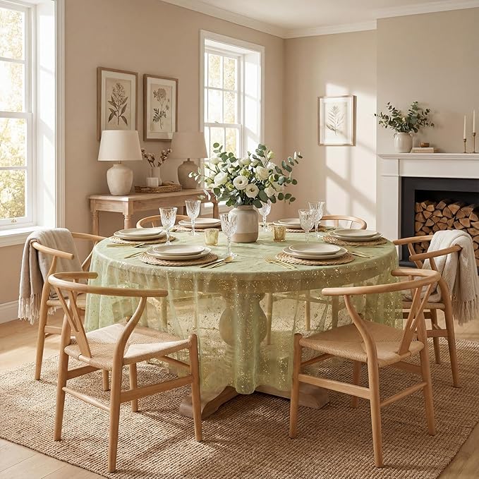 Horaldaily Sage Green Gauze Tablecloth 60x60 Inch Round, Golden Sequin Glitter Metallic Foil, Sheer Tulle Cheesecloth for Wedding Baby Shower Ceremony Birthday