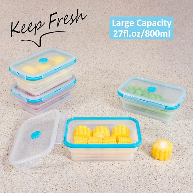 Collapsible Food Storage Containers with Airtight Lid & Vent, 27oz, Kitchen Stacking Silicone Collapsible Meal Prep Container Set for Leftovers, Microwave Freezer Dishwasher Safe, Translucent, Set of 4