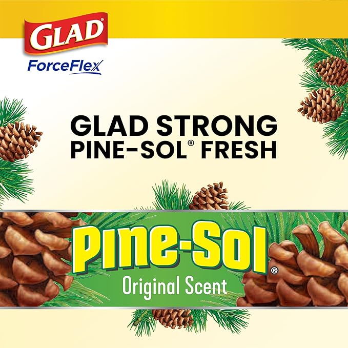 Glad Large 30 Gallon Trash Bags, Pine-Sol Heavy Duty Garbage Bags, Forceflex with Drawstring, 25 Count (Packaging May Vary)