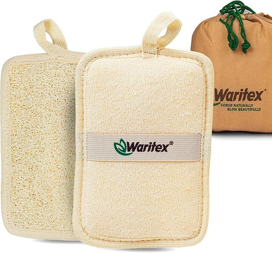 Waritex Egyptian Loofah Rectangular Body Scrubbers with Hand Strap, Exfoliating Bath Pads Made from Natural Egyptian Loofah Fibers, Gentle Deep Cleansing for Men and Women in Shower 2 Count (1 Pack)
