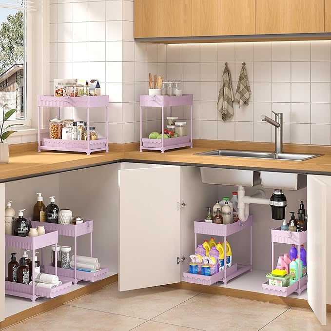 3 Pack Under Sink Organizers, 2-Tier Multi-Use Kitchen and Bathroom Organizers and Storage with Sliding Drawers, Bathroom Cabinet Organizer (Pink, 14.8 Inch)