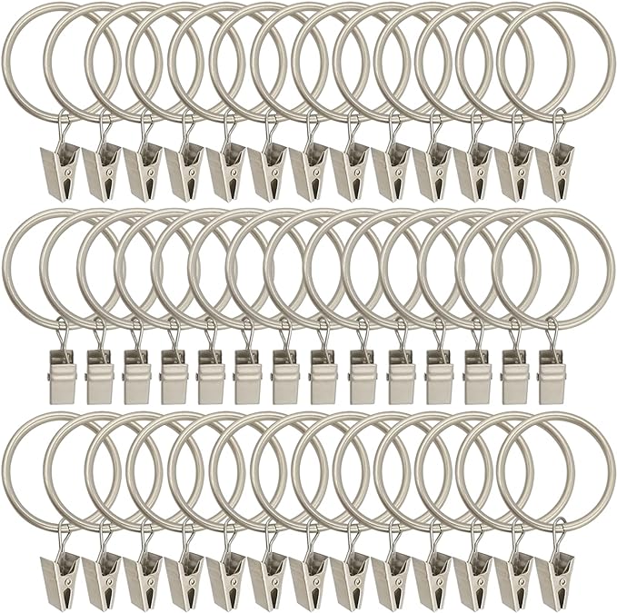 40 Pack Metal Curtain Rings with Clips, Curtain Clip Rings Hooks for Hanging Drapery Drapes Bows, Curtain Rod Rings 1.5 inch Interior Diameter, Matte Silver