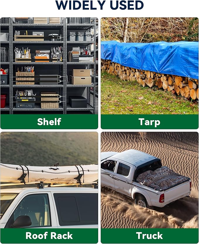 48 Inch Adjustable Rubber Bungee Cords, Easy to Adjust from 6" to 48", Black Bungee Straps with 1.9X Stretch, Rubber Tarp Straps with Crimped S Hooks for Cargo, Tarps, Van, Truck, Motorcycle (8 Pcs)