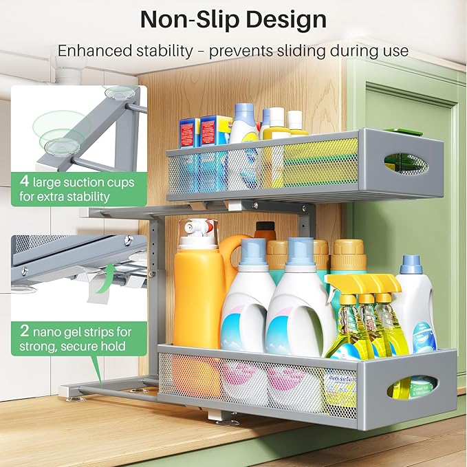 2 Pack Under Sink Organizer, 2 Tier Pull-Out Cabinet Organizer Mesh Baskets with 5 Adjustable Heights, Sliding Drawers Storage Shelf for Home, Kitchen, Bathroom, Pantry, Office, Countertop, Grey