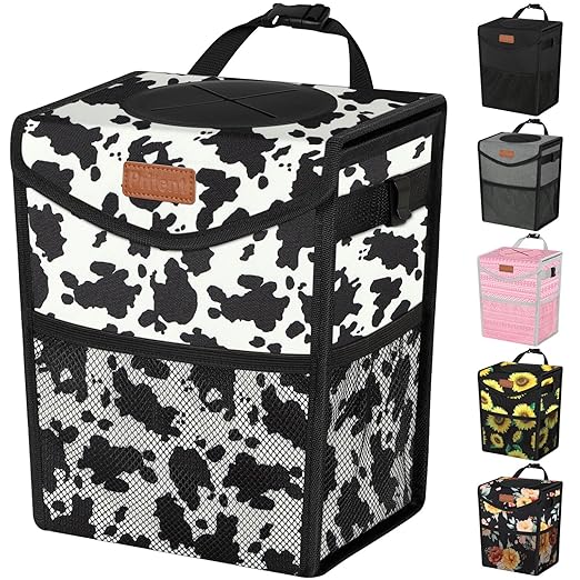 Pritent Car Trash Can with Lid, Cute Leakproof Car Trash Garbage Bag Hanging Vehicle Trash Bin Small Portable Automotive Garbage Cans Organizer for Back/Front Seat/Console(Trapezoid,Cow Print)
