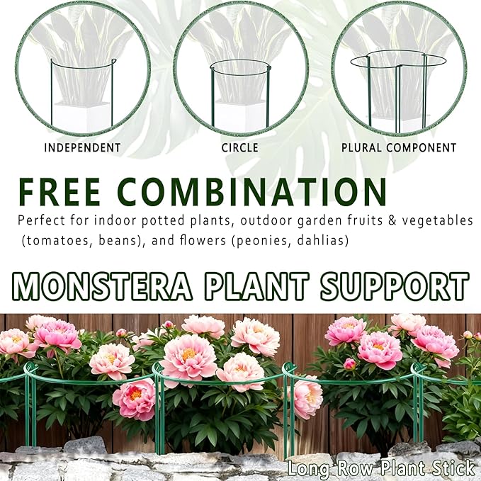 Soupiar 6 Pack Threaded Lock Metal Plant Support Stakes - 25" H Tall Peony Cage, Reusable Detachable Garden Ring for Hydrangea/Rose Bush/Potted Flowers, Indoor Outdoor Heavy Duty (10" W)