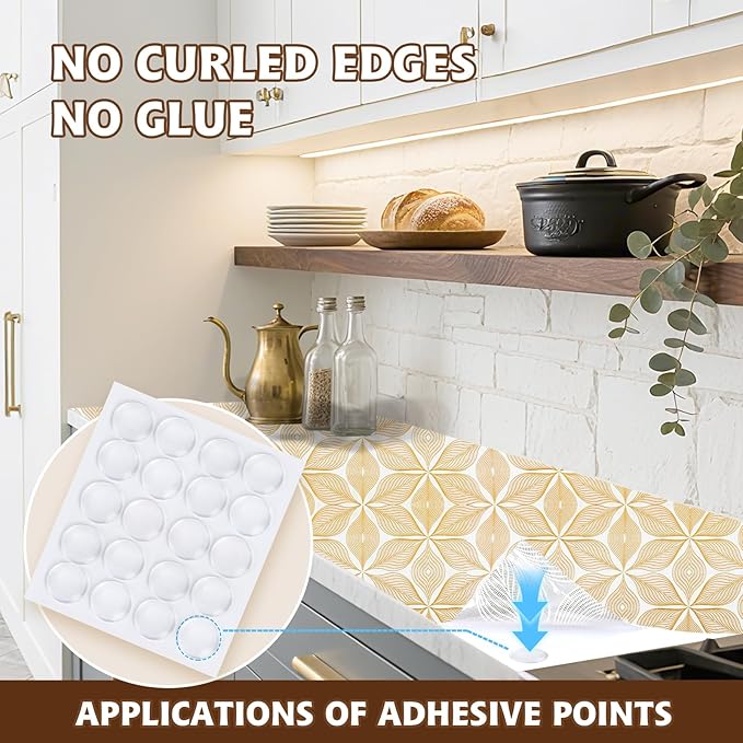Drawer and Shelf Liner for Kitchen Cabinet,Non-Adhesive Waterproof Drawer Liner for Dresser & Bathroom Vanities with Adhesive Dots & Cutting Tool(12 in X 30 Ft Gold Leaf Pattern)