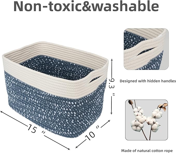 XUANGUO White and Blue Cotton Rope storage Basket Bins Woven Basket for Organizing Shelves 15X10X9.3“ Rectangle Decorative Baskets For storage Books Towels Wicker Nursery basket organizer Set of 3
