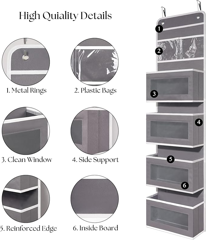 Over Door Organizer with 4 Large Capacity Pockets, Hanging Organizer Storage for Closet Bathroom Nursery Bedroom Dorm, Toys Cosmetics Sundries and Baby Essentials, Gray