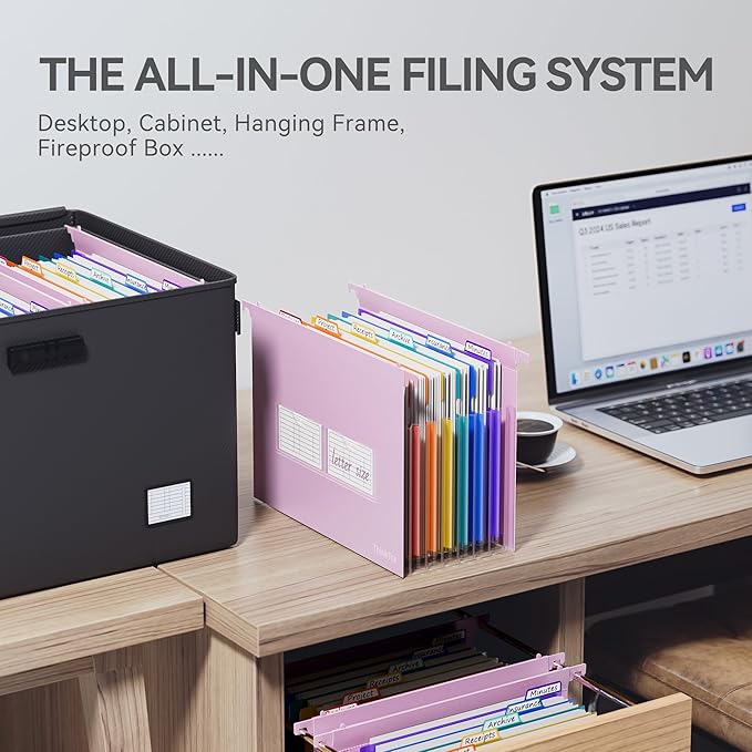 ThinkTex Plastic Expanding Hanging File Folders, 7 Innovative 1.2" Accordion Pockets, Large Capacity, Multi-Color Tabs, Letter Size for Filing Cabinet - Purple