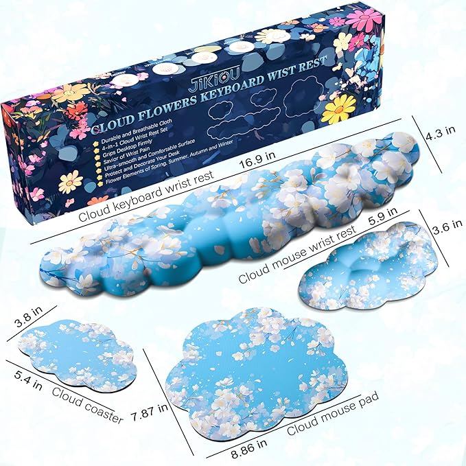 JIKIOU Cloud Wrist Rest Keyboard, Cloud Keyboard Wrist Pad Set with Comfortable Cloth, Cute Arm Rest for Palm Support, PC/Gaming Desk Accessories/Office Setup/Computer Hand Cushion Sakura