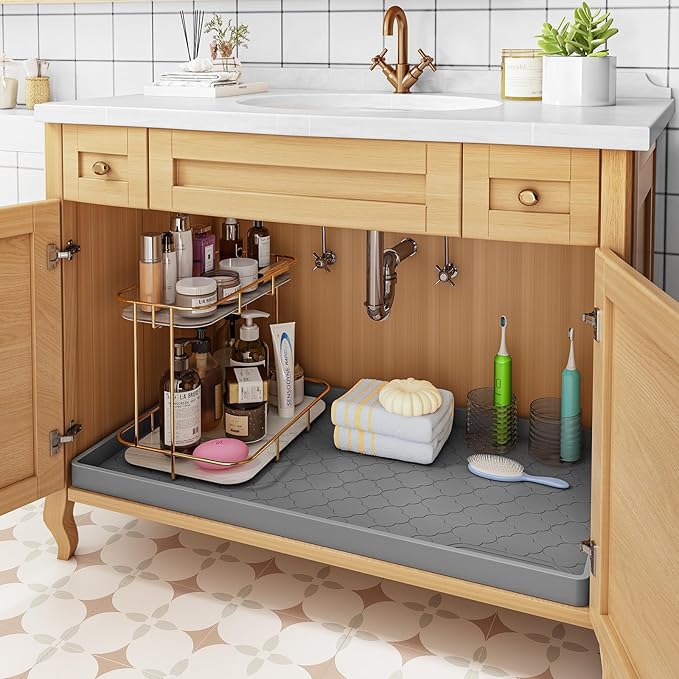 Jin&Bao Waterproof Under Sink Mat 31" x 19", Thick Silicone Mat Cabinet Protector for Kitchen and Bathroom, Shelf Liner, Home Organizer and Storage, Multipurpose Tray for Gadgets and Essentials