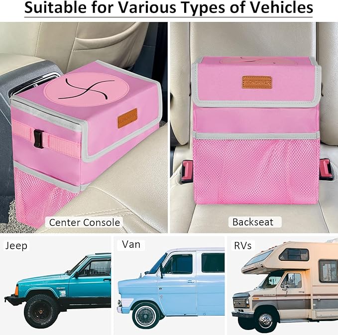 ELONGRIVER Car Trash Can Bin for Back Seat Leak Proof, Cute Car Trash Bag Hanging, Vehicle Trash Can for SUV Truck Van, Automotive Garbage Cans Front Seat Pink